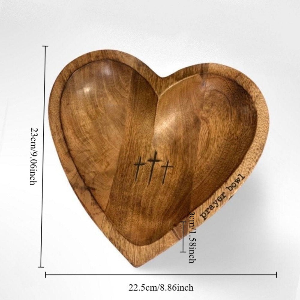 Heart-Shaped Wooden Prayer Bowl Set with Cross Engraving and Twenty-Four Printed Prayer Cards
