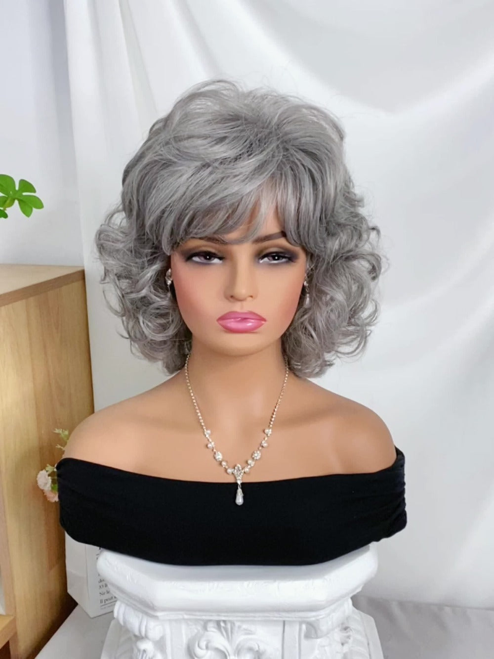 Short Curly Wig with Slanted Bangs 14 Inch Heat Resistant Synthetic Rose Net Cap Grey Mixed Dark Brown Light Brown for Women Daily Wear Halloween Festivals Cosplay