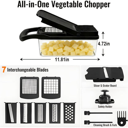 18-in-1 Vegetable Chopper and Mandoline Slicer with Clear Container, Eight Metal Blade Inserts and Hand Guard