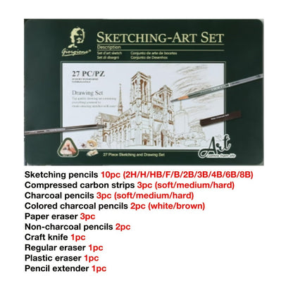 Sketching Pencil Set 27 Piece with Charcoal Pencils Charcoal Sticks Erasers Drawing Supplies for Artists Beginners Students Sketching Quick Sketching Art Kit Gift