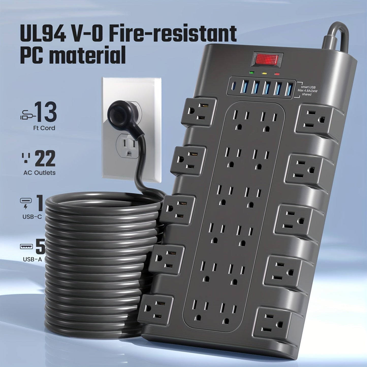 Surge Protector Power Strip 28-in-1 with 22 AC Outlets, 5 USB-A, 1 USB-C, 2100J Rating and 5 to 13 ft Cord Options