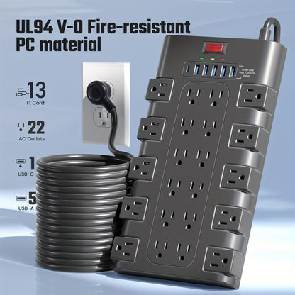 Surge Protector Power Strip 28-in-1 with 22 AC Outlets, 5 USB-A, 1 USB-C, 2100J Rating and 5 to 13 ft Cord Options