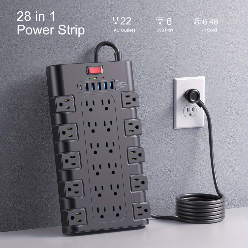 Power Strip 28-in-1 Surge Protector with 22 Widely Spaced AC Outlets, 5 USB-A, 2 USB-C and 2100J Rating