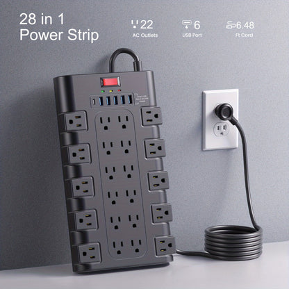 Power Strip 28-in-1 Surge Protector with 22 Widely Spaced AC Outlets, 5 USB-A, 2 USB-C and 2100J Rating