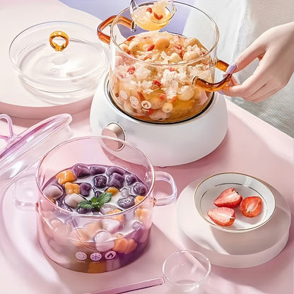 Glass Cooking Pot Cookware with 1500ml Capacity, Heart-Shaped Lid and Transparent Pink Body