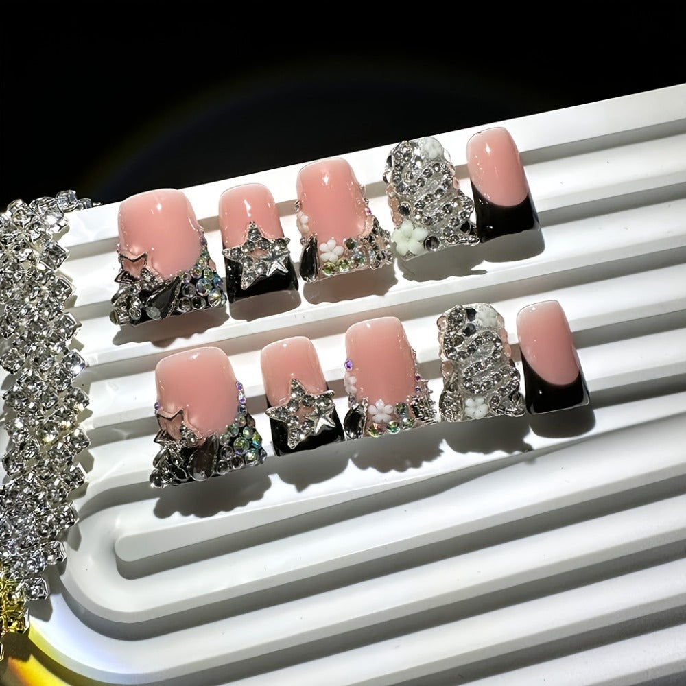 Press On Nails 10-Piece Short Duckbill Set with Black French Tips, Snake, Stars and Self-Adhesive Gel Tabs