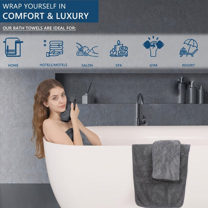 Oversized Bath Towel Set 4 Piece Diamond Pattern Microfiber - Ultra Soft Highly Absorbent Quick Dry | 10 Colors | Blue Green Black Gray Navy Orchid Brown Purple White Turquoise | Bathroom Hotel Gym Gift