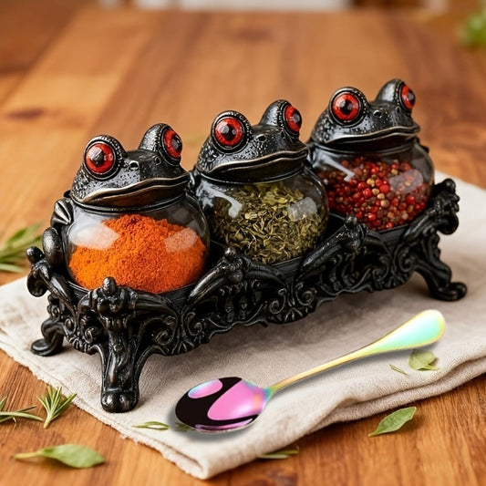 Gothic Witch Frog Spice Jars Set of 3 with Engraved Bases & Spoon – Vintage Pharmacist Jars with Frog Lids for Dark Kitchen Decor, Halloween Herb Storage