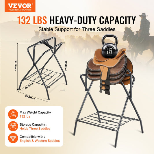 Folding Saddle Rack Freestanding Horse Saddle Stand – Holds 132 lbs, Carbon Steel, Quick-Release Setup, Portable & Space-Saving for Stable, Garage & Barn, 1 or 2 Pack