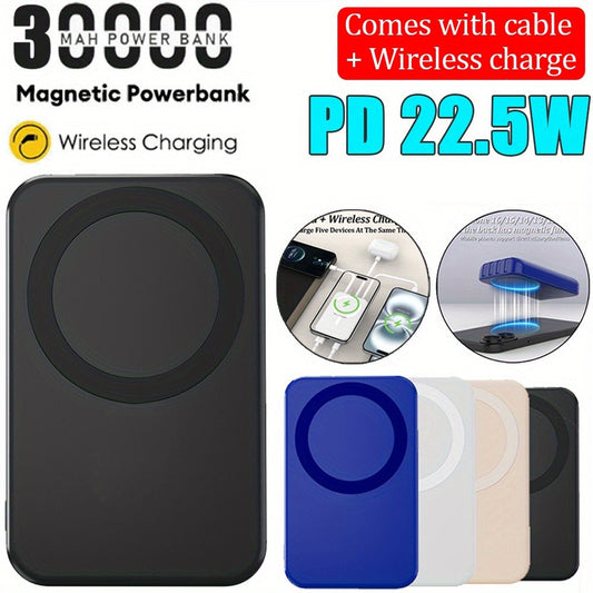 Magnetic Wireless Power Bank 30000mAh 22.5W Fast Charging Built-in USB USB-C Cables LED Display Portable Charger iPhone Samsung Android Black White Pink Blue