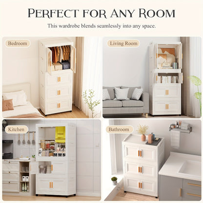Portable Folding Wardrobe Cabinet with Caster Wheels, Hanging Section and Two Exact Layer Options