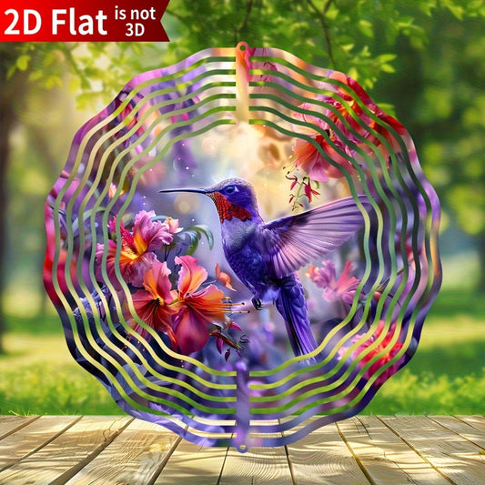 Hummingbird Wind Spinner for Garden – 10" Kinetic Metal Sculpture with Color-Changing Feathers, Wind-Powered 2D Flat Iron Art for Outdoor Yard Decor, Patio Stake Ornament, Bird Lover Gift