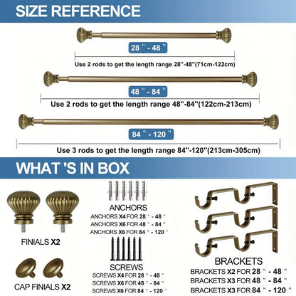 Double Curtain Rod Set with Fluted Ball Finials, Dual Brackets and 28–48 or 84–120 Inch Options