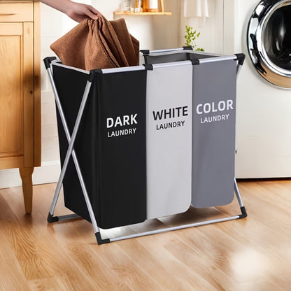 Three-Section Laundry Hamper Sorter with Black, White and Gray Oxford-Fabric Bags and Foldable Frame