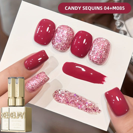 Glitter Gel Nail Polish Set 2pcs – Candy Holographic Sequin Nude Pink Sparkling Semi Permanent Soak Off UV LED Nail Art Varnish Manicure Kit for Women
