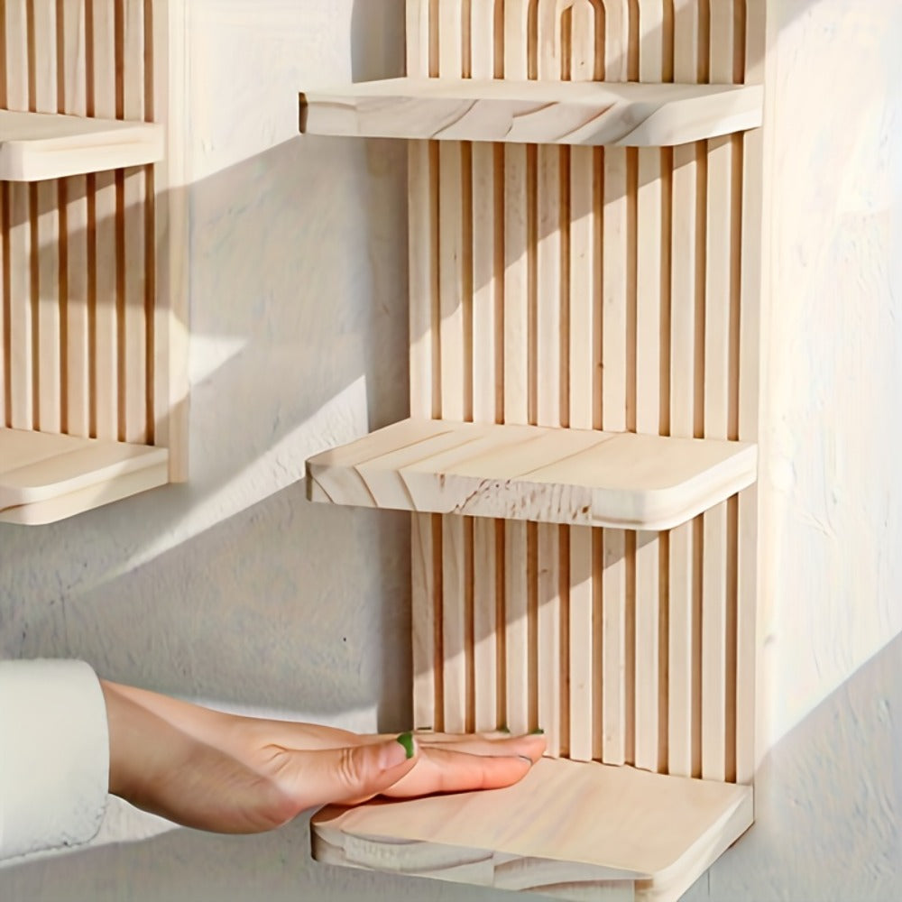 Oval Wood Wall Shelf with Arched Slat Frame, Horizontal Display Tiers and Three- or Five-Tier Options