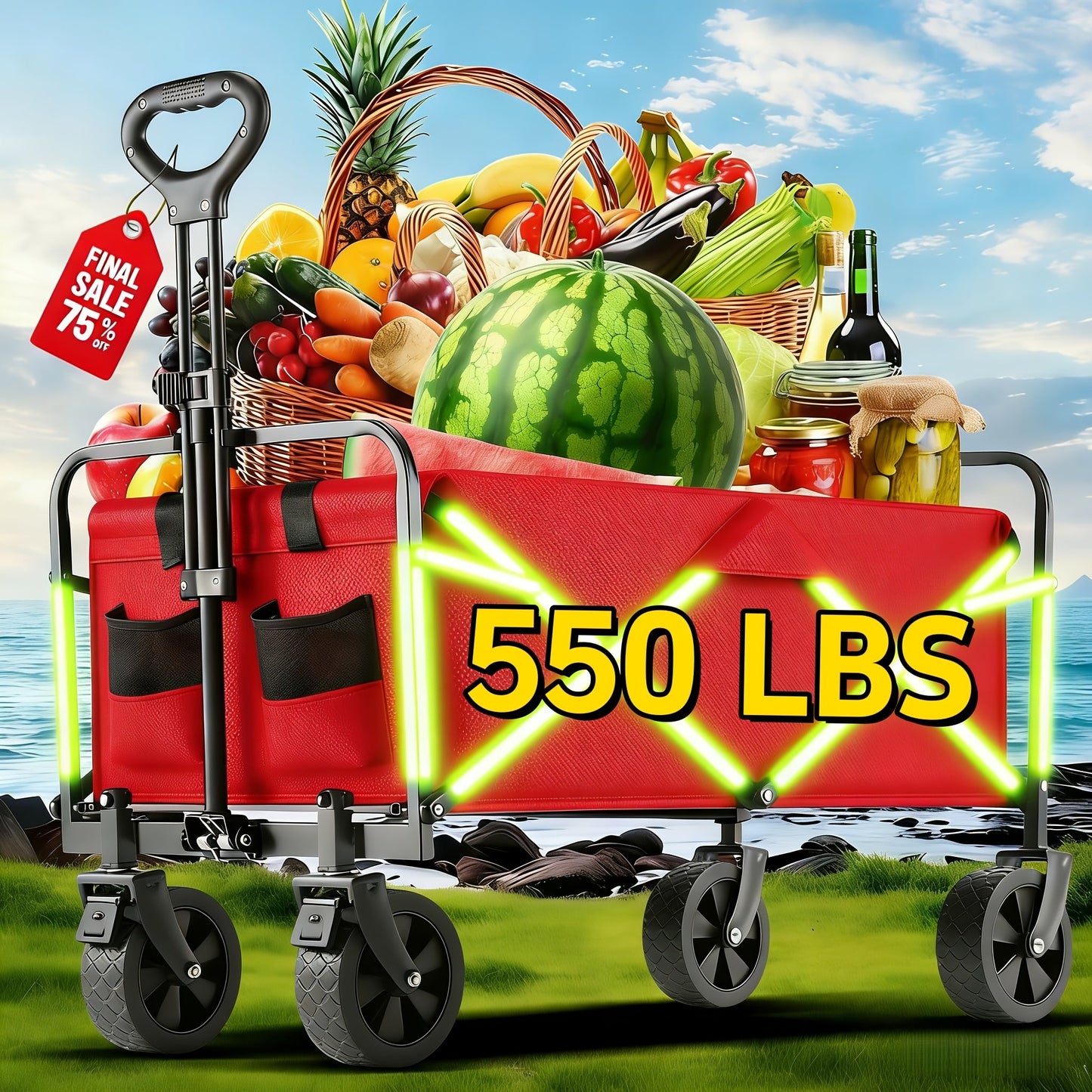 Folding Wagon Heavy Duty | Garden Cart Beach Wagon Camping Utility Outdoor Cart