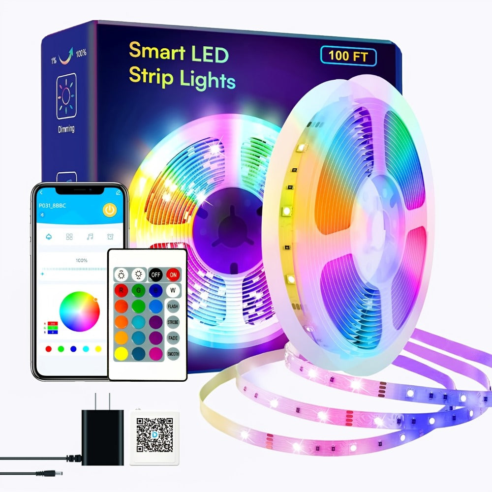 100ft or 200ft RGB LED Strip Light Kit with App, Handheld Remote, Timer, Dimming and Music Mode