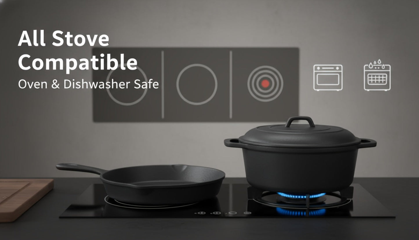 Cast Iron Cookware Collection with Eight Skillet, Dutch Pot, Griddle, Baking Tray and Set Configurations