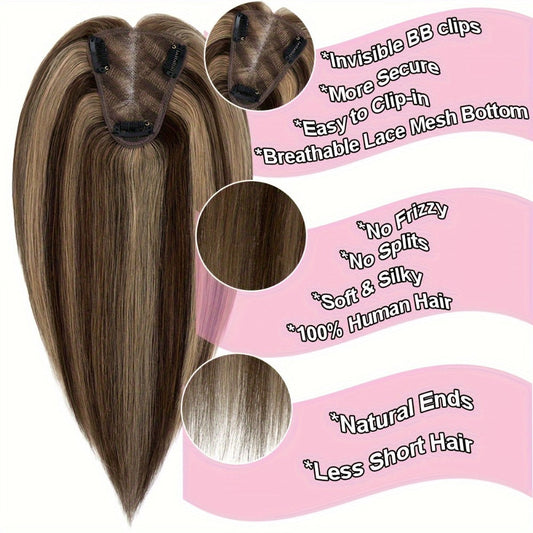 Hair Topper Human Hair Clip In Lace Base 8x10cm Curtain Bangs Thinning Hair Coverage 6-14 Inch | Highlight Blonde #27 #613 #12P613 #4P27 Women Hairpiece