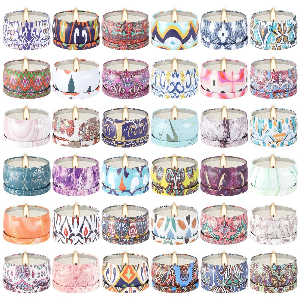 36-Piece Candle Gift Set with Lidded 2.5oz Decorative Tins in Three Coordinated Design Families