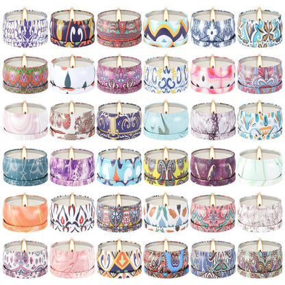 36-Piece Candle Gift Set with Lidded 2.5oz Decorative Tins in Three Coordinated Design Families