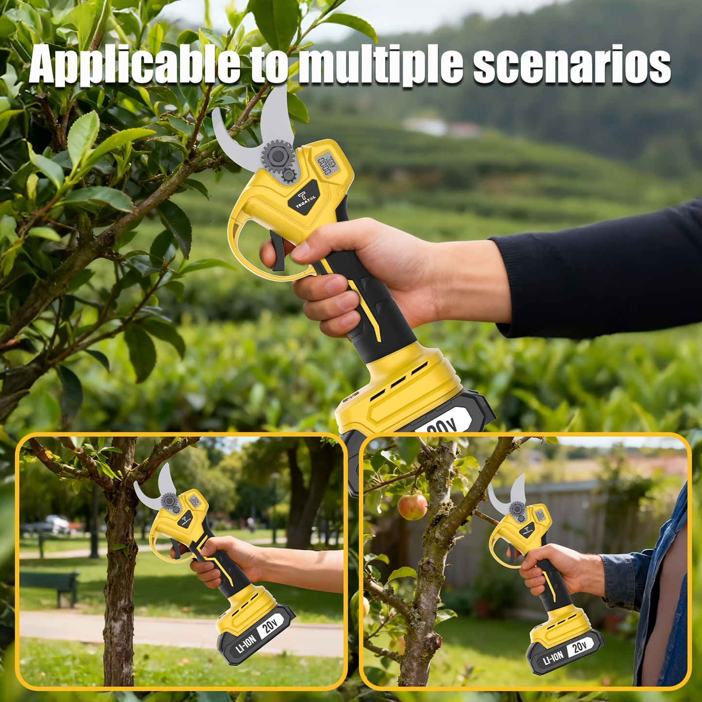 20V-Labeled Cordless Pruning Shears with Display, Yellow or Green Body and One- or Two-Battery Kits