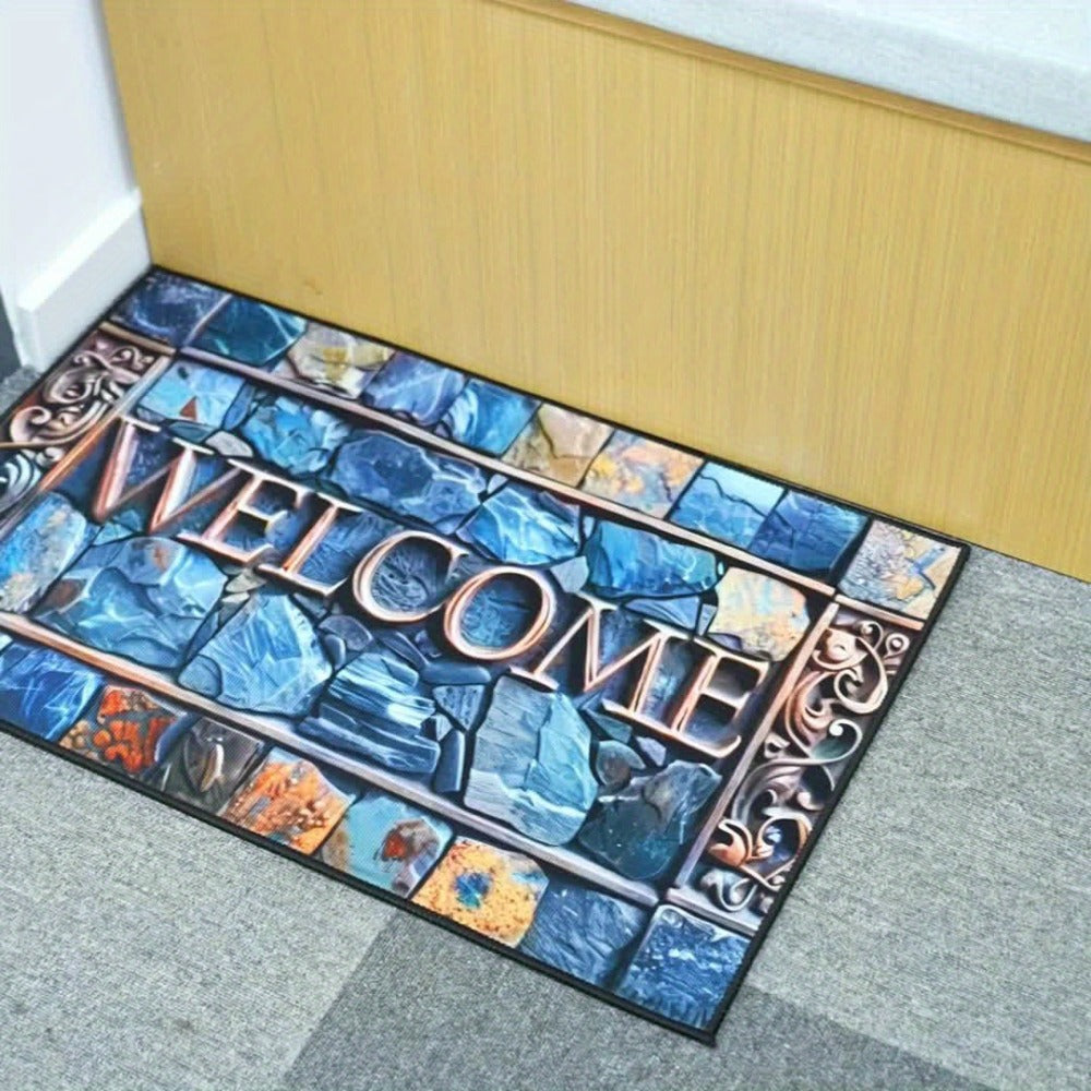 Non-Slip Welcome Doormat Stone Pattern Entrance Carpet Indoor Outdoor Floor Mat