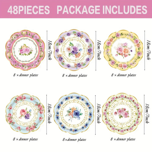 Floral Paper Plate Party Supplies Pack with 48 Botanical-Print Plates in Six Coordinated Designs