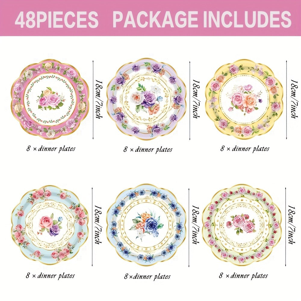 Floral Paper Plate Party Supplies Pack with 48 Botanical-Print Plates in Six Coordinated Designs