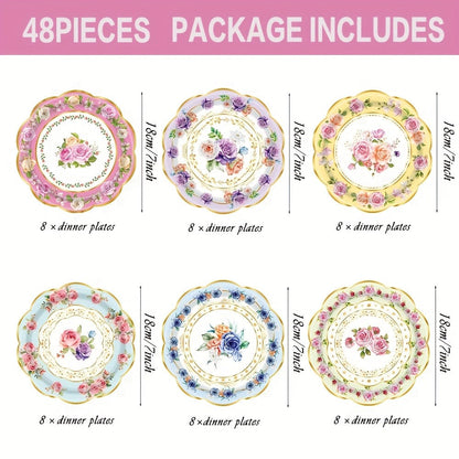 Floral Paper Plate Party Supplies Pack with 48 Botanical-Print Plates in Six Coordinated Designs