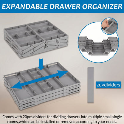Collapsible Drawer Organizer Box, Double Row Expandable Desk & Drawer Storage with ABS Material, Jewelry Cosmetics Home Office Organizer