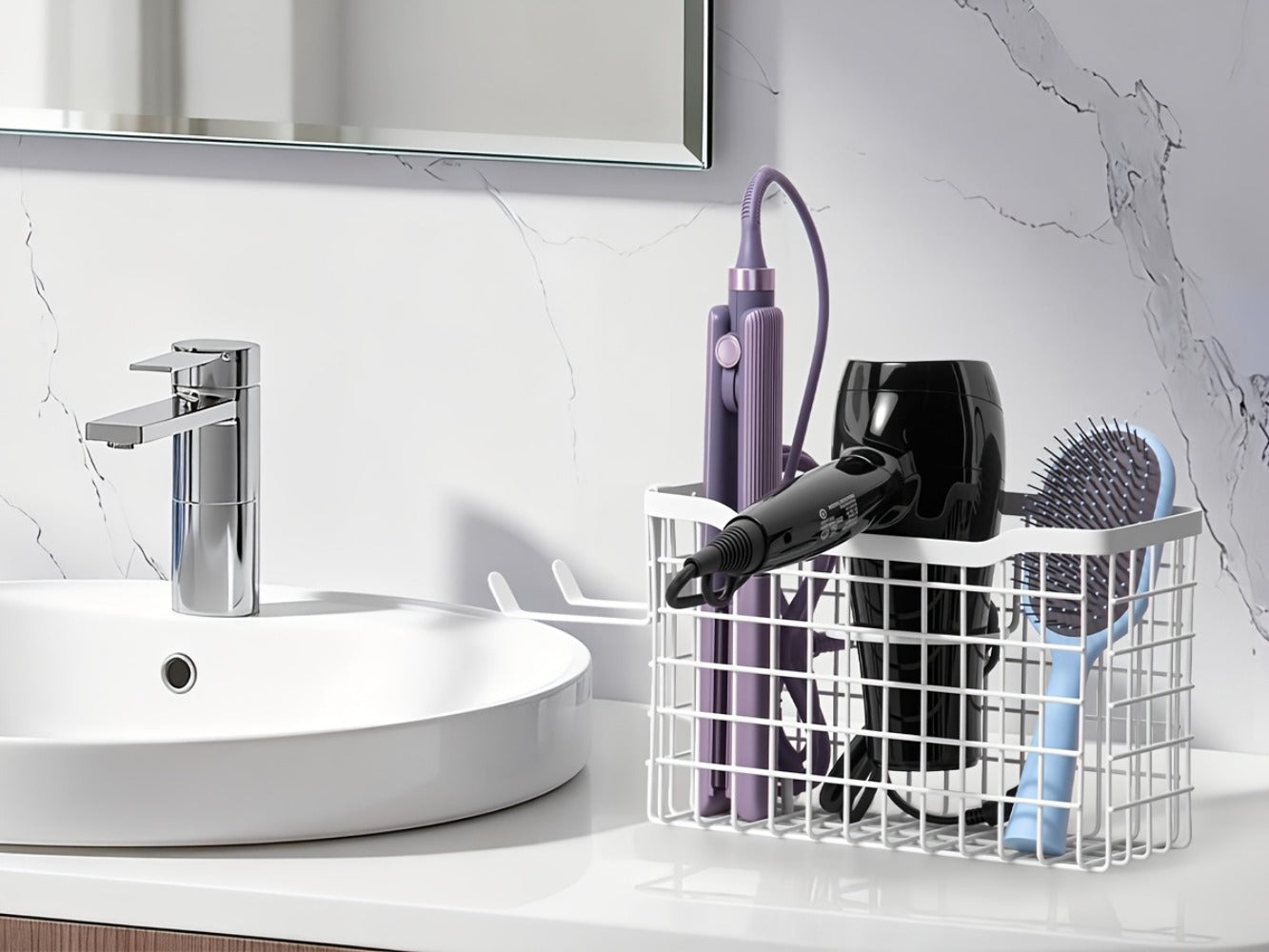 Hair Tool Organizer Wall Mounted Holder for Hair Dryer Curling Iron Straightener 3 Adjustable Heights Bathroom Storage