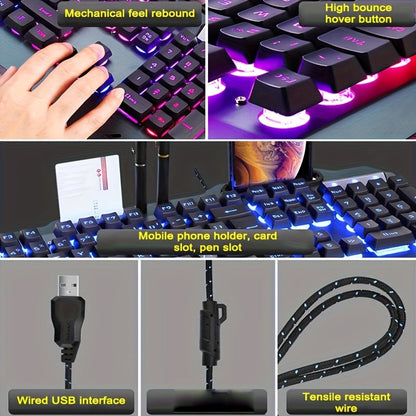 RGB Gaming Keyboard and Mouse Combo with Wrist Rest 16 Backlight Effects Mechanical Feel Aluminum Panel 26-Key Anti-Ghosting 3200DPI Mouse Phone Holder PC Desktop Windows Black