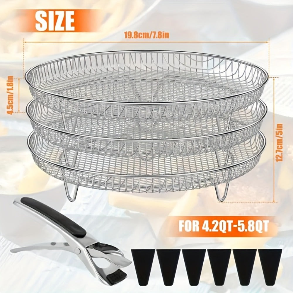 Ten-Piece Round Air Fryer Rack Set with Three Stackable Trays, Two Handling Tools and Five Grips