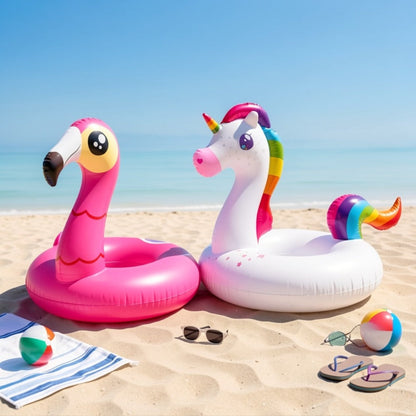 Pool Float Flamingo and Unicorn Ring Two-Pack, Approximately 40 Inches Wide with Pink and White Designs