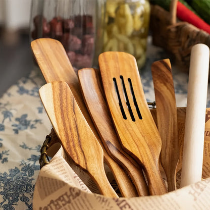 Kitchen Utensils Five-Piece Teak Wood Spurtles and Spatulas with Brown Grain and Hanging Holes for Cooking