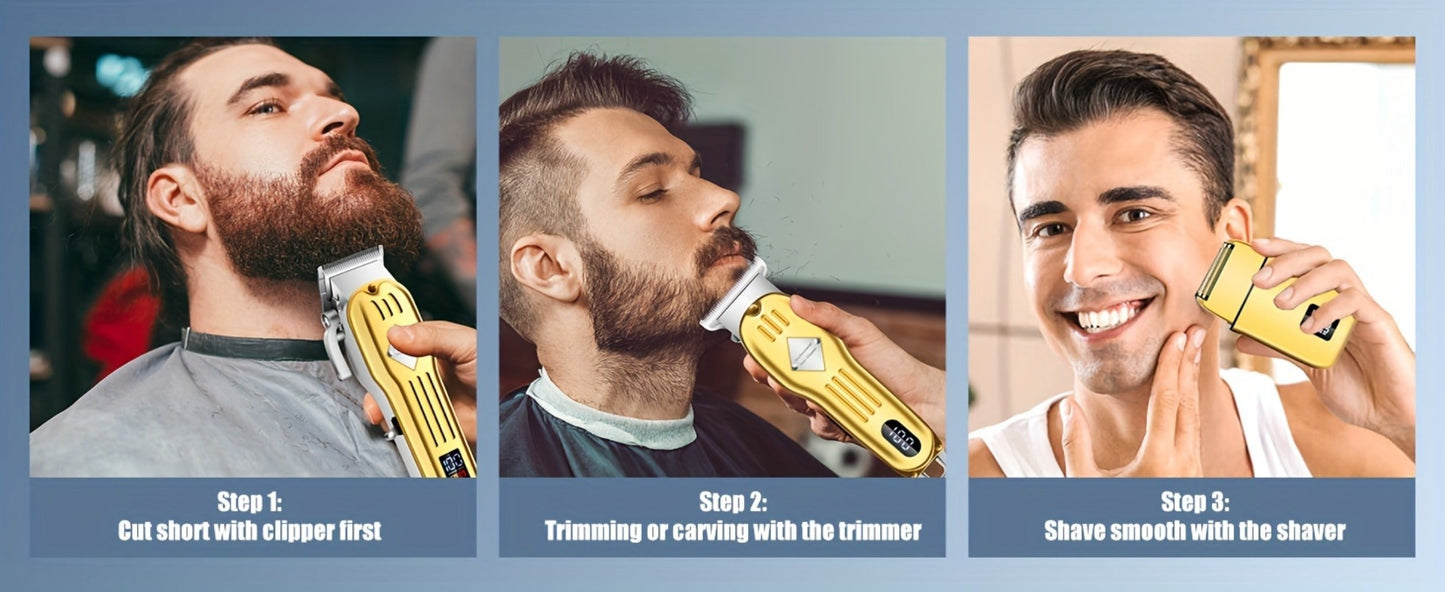 Hair Clippers & Trimmers Three-Piece Set with Full-Size Clipper, T-Blade Detailer, Foil Shaver and LCD Displays