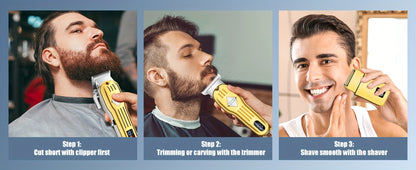 Hair Clippers & Trimmers Three-Piece Set with Full-Size Clipper, T-Blade Detailer, Foil Shaver and LCD Displays