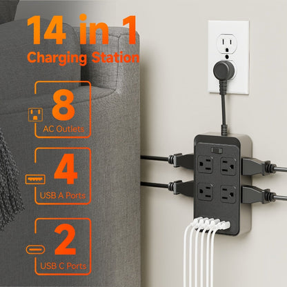 Power Strip Outlet Extender Surge Protector 8 AC Outlets 6 USB Charging Ports 4 USB-A 2 USB-C 3 Inch Short Cord Desk Charging Station for Home Dorm Office Travel White Black
