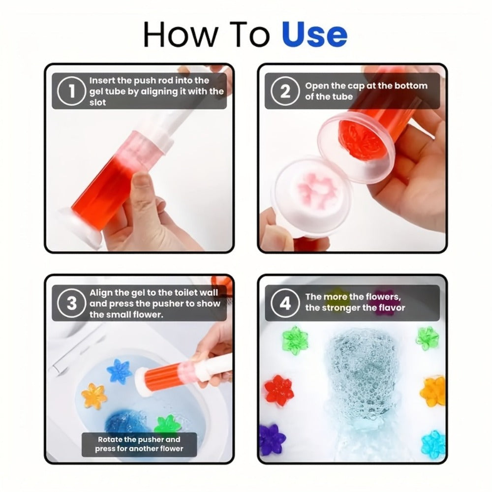 Flower Gel Toilet Stamp Cleaner with Dispenser in Six Scent Labels and 4- or 8-Piece Checkout Packs
