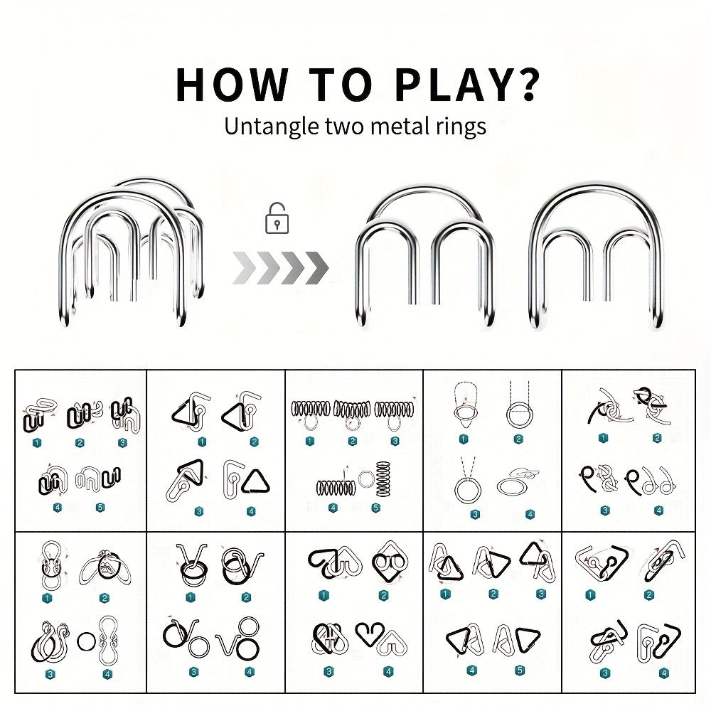 Metal Brain Teaser Puzzle Set 50 Pack – Golden Unlock Iron Chain Link Toys, Nine Rings Kongming Lock, IQ Logic Games for Kids & Adults, Party Favor Stocking Stuffer Halloween Christmas Gift