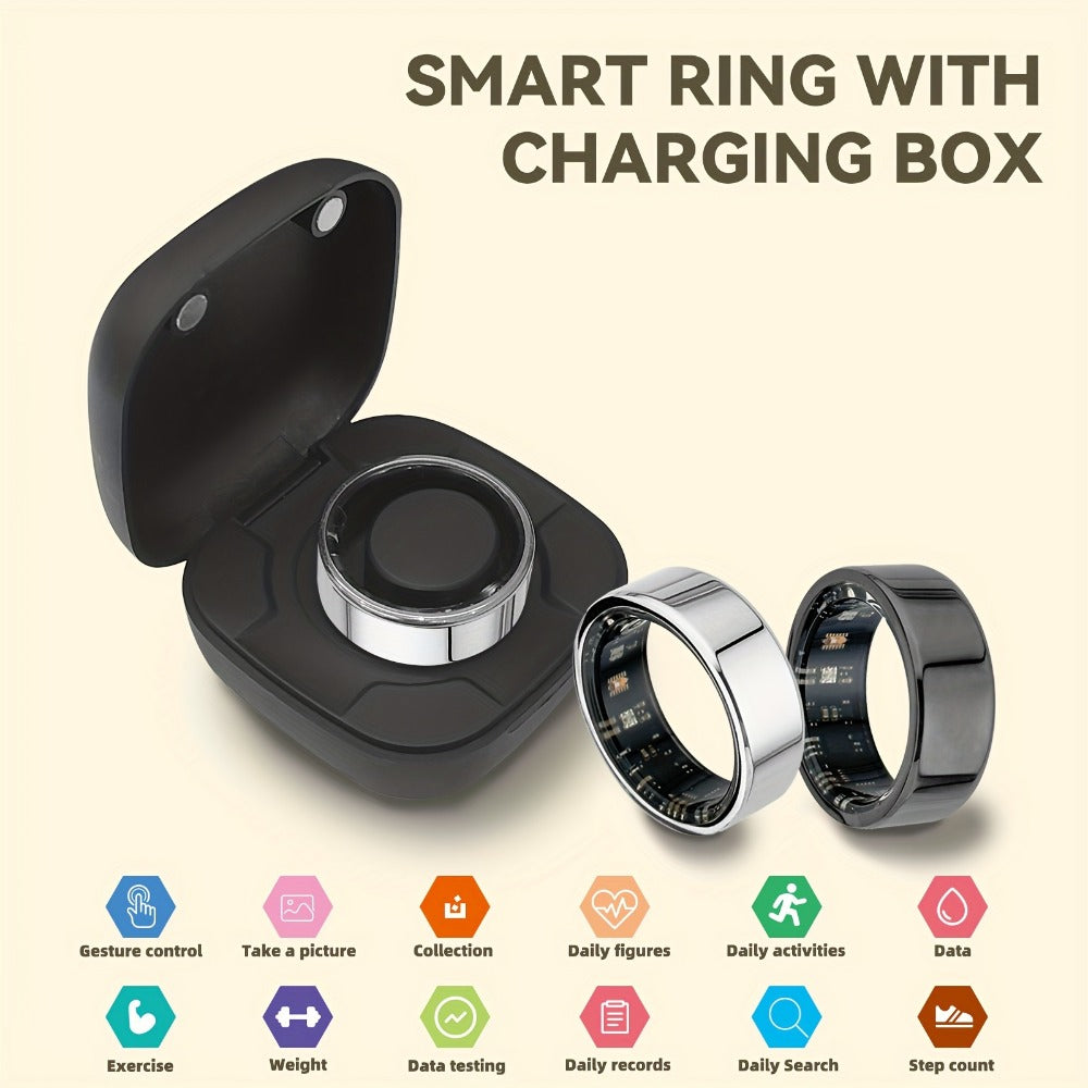 Smart Ring with Charging Case – Bluetooth 6.0 Fitness & Sleep Tracker, Steps, Calories, Remote Camera Control, iOS & Android Compatible, Sizes 7–13, Black Gold Silver