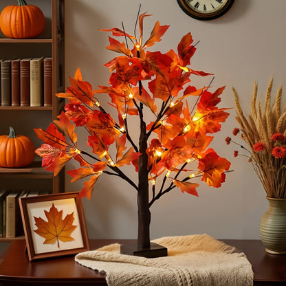 Two-Piece LED Maple Leaf Tree Light Set with 24 Warm Lights, Red Autumn Leaves and Black Branches