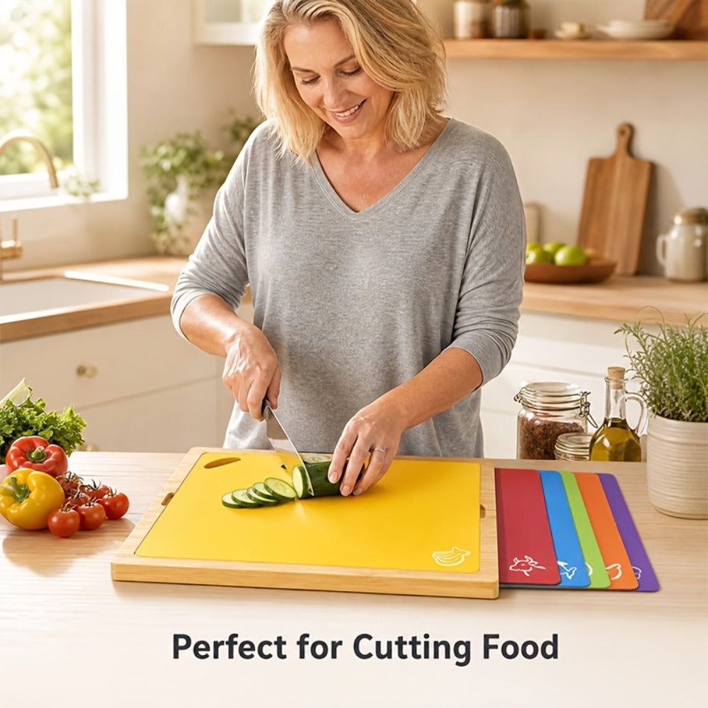 Bamboo Cutting Board Set with Six Color-Coded Flexible Prep Mats and One-Piece or Seven-Piece Options