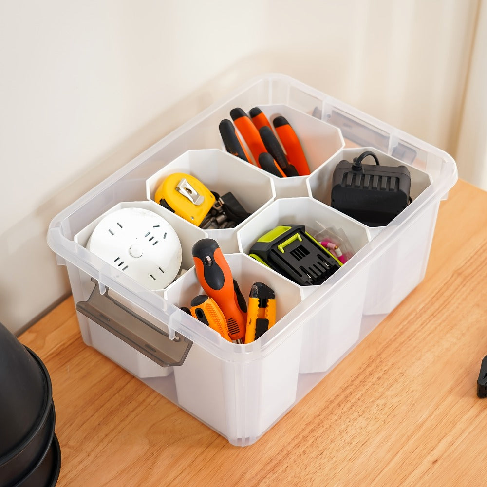 17-Quart Clear Storage Box with Six Removable Insert Bins, Latching Lid and Side Carry Handles