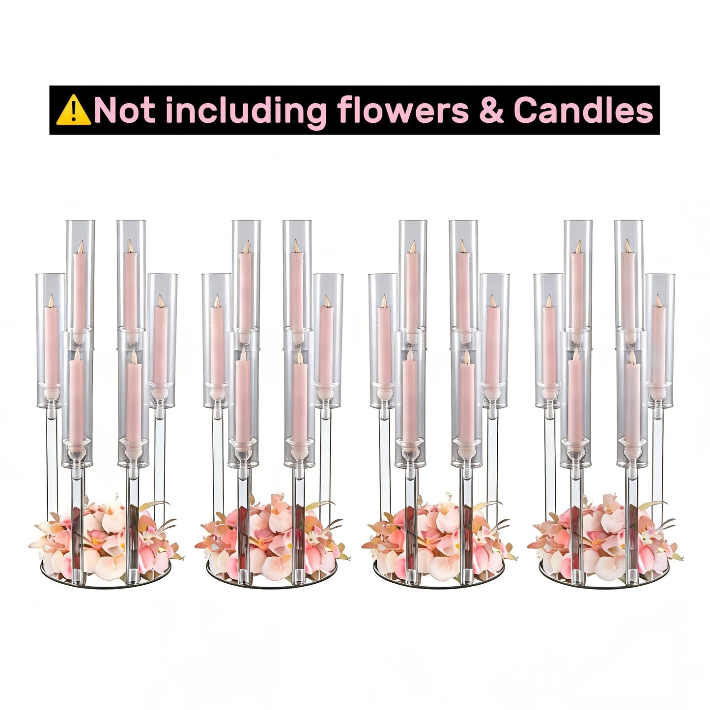Clear Acrylic Six-Arm Candelabra with 68cm Height, 22cm Round Base and 2-, 4-, 10-, 12- or 20-Piece Options
