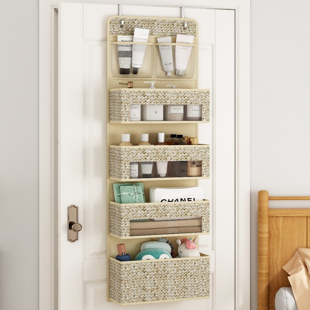 2-Pack Over-The-Door Hanging Organizer with 5 Shelves & 4 Clear Pockets – Beige Rattan Storage Rack for Closet, Bedroom & Bathroom