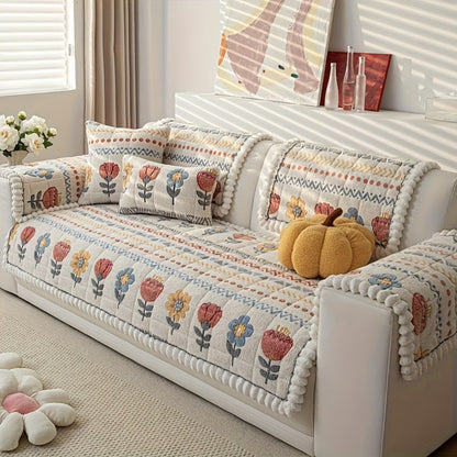 Bohemian Floral Quilted Sofa Cover - Thick Milk Fleece Warm Cozy Couch Protector Machine Washable with Ruffle for 2 3 4 Seater Living Room Decor, White