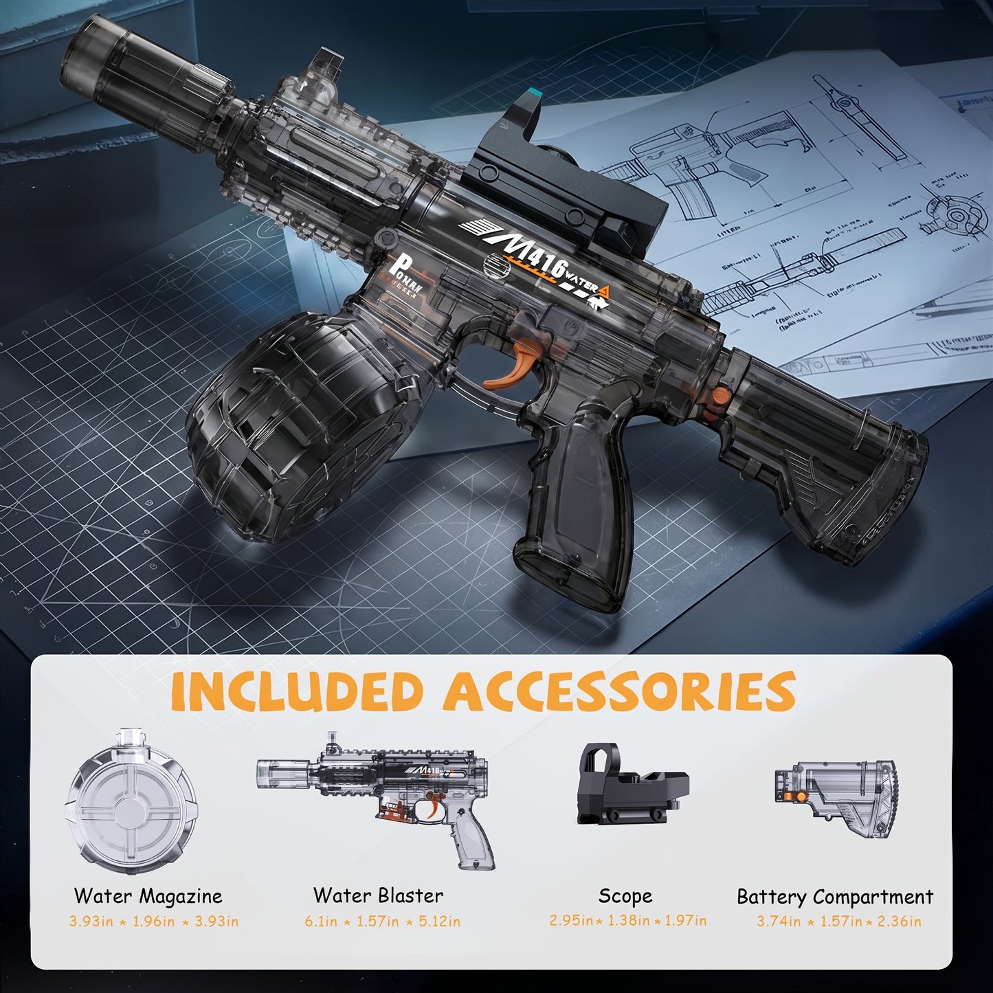 Electric Water Blaster with Detachable Round Reservoir, Sight Accessory and Black or Blue Body